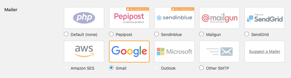WP SMTP Mailer Gmail choice
