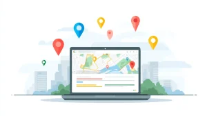 AI generated image of a laptop with google location icons flowing around